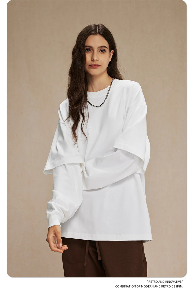 ZODF Fashion Spring Autumn Men 100% Cotton T-Shirt Unisex Fake 2-Piece 305gsm Solid Full Sleeve O Neck T Shirt Brand Tees HY0925