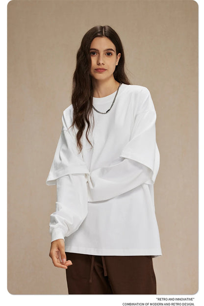 ZODF Fashion Spring Autumn Men 100% Cotton T-Shirt Unisex Fake 2-Piece 305gsm Solid Full Sleeve O Neck T Shirt Brand Tees HY0925