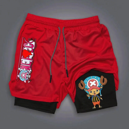 One Piece Chopper Anime Gym Shorts Men New Summer Japanese Cartoon Print Beach Pants Streetwear Double-layer 2-in-1 Sports Pants