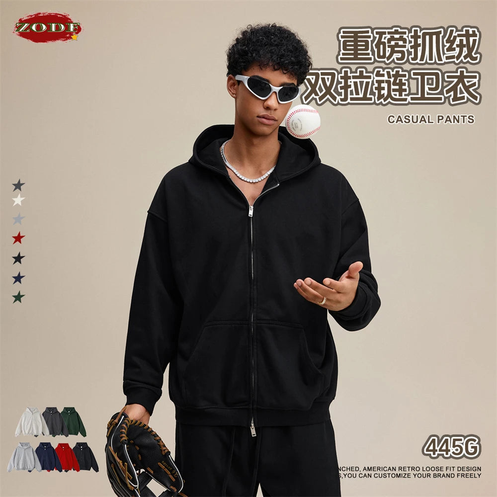 ZODF Trendy 2025 Heavy Weight 445gsm Zipper Hoodies For Man Unisex Casual Zip-up Hooded SweatShirts Coats HY1102