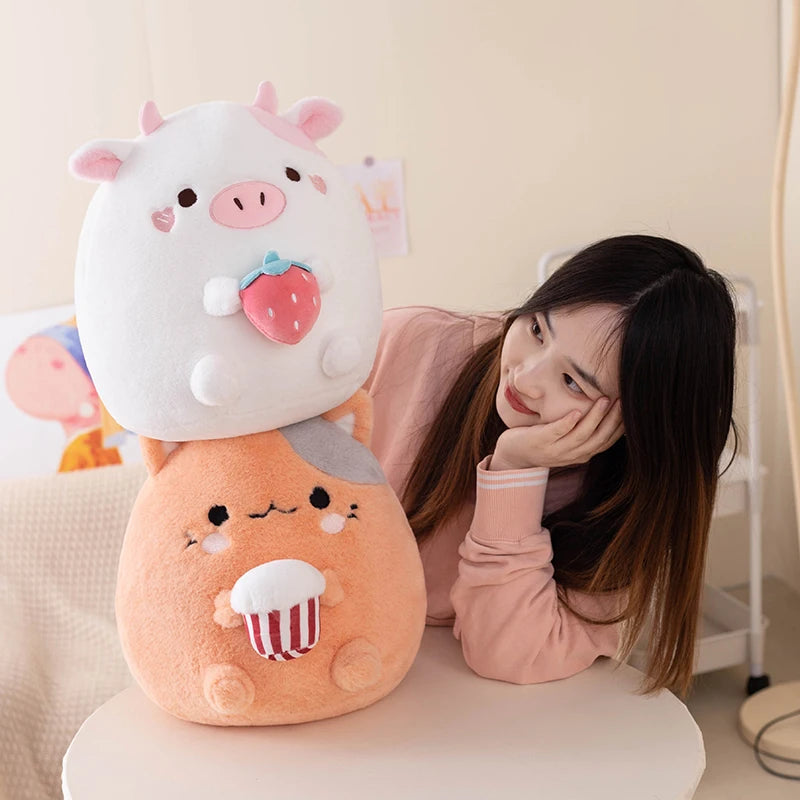ZU New Arrival Kawaii Stuffed Animal Strawberry Cow Popcorn Cat Plushies Doll Huggable Fat Big Hug Pillow Sofa Bed Decor Cushion