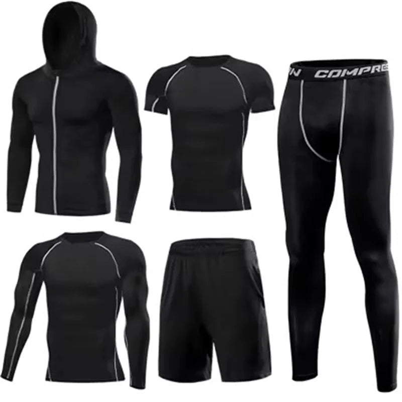 Men’s 5pcs MMA Boxing Suit Set Rashguard Compression Long-Sleeve T-Shirt & Leggings Tracksuit - GRAY / XXL