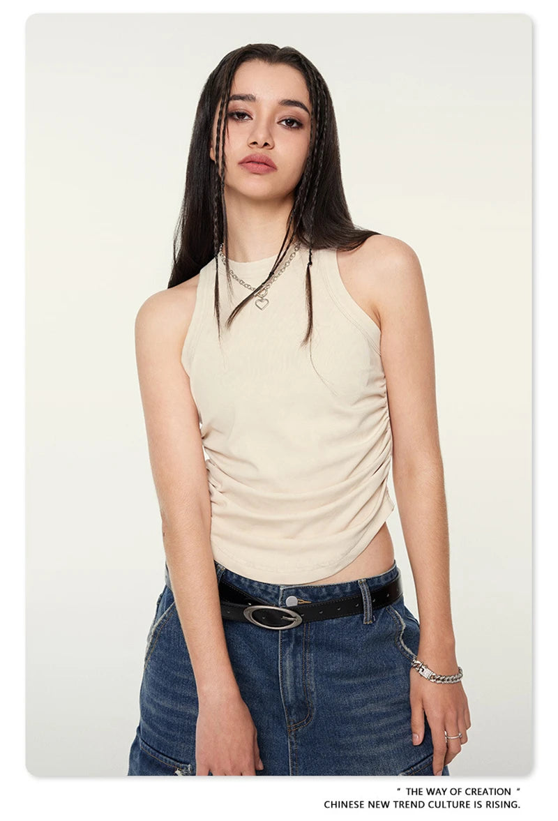 ZODF Women 2024 Summer Washed Tank Tops Female Hotsweet Girls 235gsm Slim Pleated Arc Hem Camisole TEE Streetwears HY0795