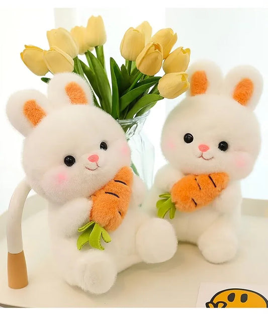 25-50cm Adorable Fuzzy Bunny Hold Carrot Plush Toy Stuffed White Rabbit with Foods on Hand Kids Hug Cuddly Plushie for Children