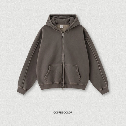 ZODF Retro 2025 Autumn Winter Unisex Zipper Fleece Hoodie 400gsm Washed Batik Warm Hooded Coat HY1084 - Coffee / XXL