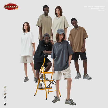 ZODF New 2025 Heavy Weight Summer Solid T Shirts For Men Unisex High Street Oversized 385gsm Cotton T-Shirt Streetwears HY0497