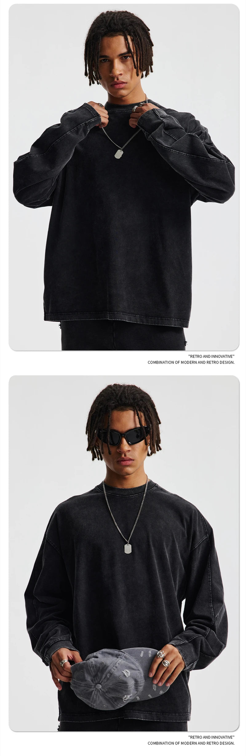 ZODF Retro 285gsm Batik Washed Cotton Man's T-Shirts Unisex Solid Loose Distressed Patchwork Full Sleeve Tee Shirt Tops HY1161