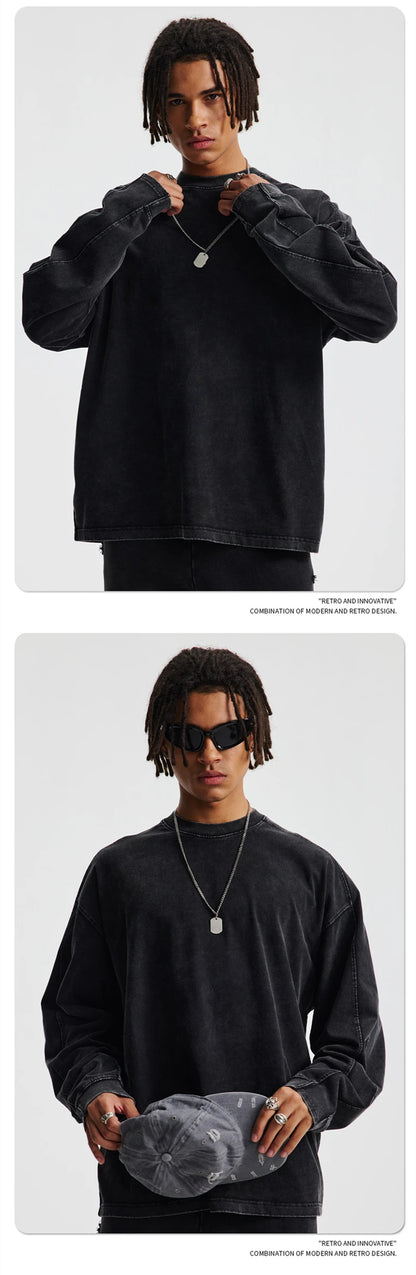 ZODF Retro 285gsm Batik Washed Cotton Man's T-Shirts Unisex Solid Loose Distressed Patchwork Full Sleeve Tee Shirt Tops HY1161