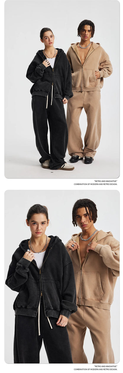 ZODF New 2025 Winter Man's Fleece Zipper Hoodies Unisex Retro 370gsm Loose Boxy Batik Washed Hooded Coats Sweatshirts HY1164