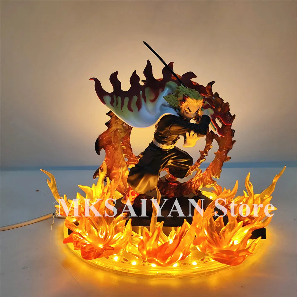Anime Figures Demon Slayer Rengoku Kyoujurou Agatsuma Zenitsu Fire Led Scene DIY PVC Action Figure Toy Kimetsu no Yaiba Figurine