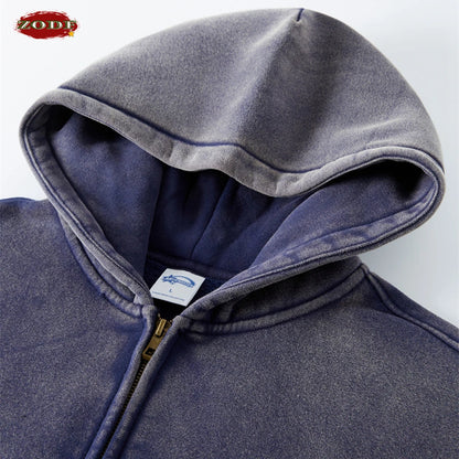 ZODF New Winter Men Batik Washed Zipper Hoodies Women Unisex Loose Thick Warm 360gsm Fleece Hooded Coat Sweatpants Set HY0713