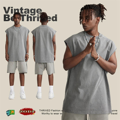 ZODF American Retro Men Washed Solid Tank Tops Women Unisex Loose Edge 275gsm Cotton Sleeveless Tees Brand Streetwears HY0503