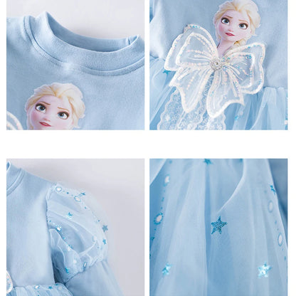Toddler Girl Dress 2 to 3 4 5 6 7 8 9 Years Long Sleeve Princess Elsa Kids Dresses Blue Tutu Dress Children Clothes