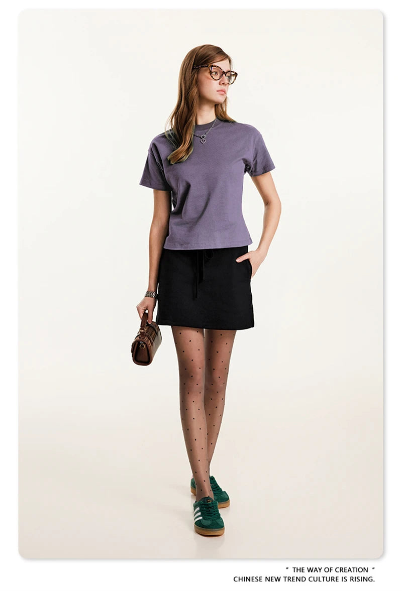 ZODF Women 2025 Summer 255gsm Cotton T-Shirts Hotsweet Girls Casual Solid Comfortable Sport T Shirt Brand Tops HY0978