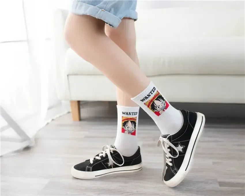 5Pair Anime One Piece Socks Cartoon Luffy Chopper Student Cotton White Long Short Boat Socks Printed Knitted Socks Children Gift