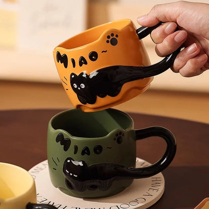 Cat Stacking Mug Creative Cute Cartoon Cat Ceramic Coffee Cup Fun Cat Tail Integrated Handle Cup Couple Water Cup Birthday Gift