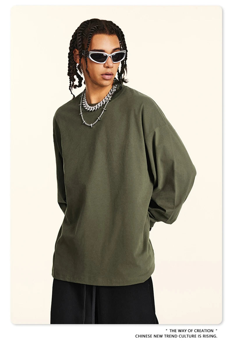 ZODF New 2024 Autumn 225gsm Loose Solid T-Shirt For Men Retro Unisex Antibacterial Full Sleeve T Shirts Brand Tops HY0871