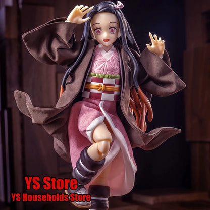 1/12 Kamado Nezuko Female Figure Pink Short Skirt Coffee Kimono Windbreaker Clothes Set Accessory For 6" Shf Demon Slayer Doll