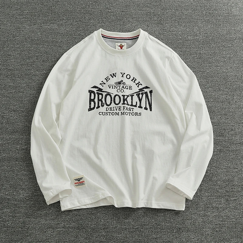 Autumn New American Retro Long-sleeved O-neck Letter Printed T-shirt Men's Fashion Simple 100% Cotton Washed Casual Sport Tops