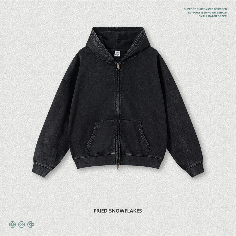ZODF Heavy Wieght 480gsm Washed Cotton Boxy Zipper Hoodies For Man Unisex Retro Patchwork Off Shoulder Hooded Coats HY1152