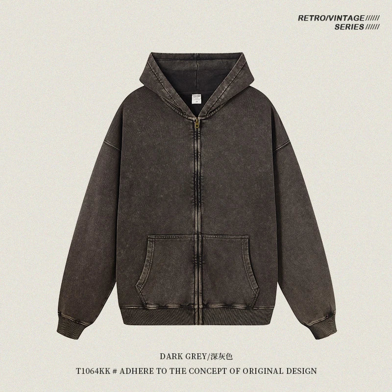 ZODF Retro Autumn Batik Washed 100% Cotton 420gsm Terry Oversized Distressed Zipper Hoodie Unisex HY0936 - Dark Grey