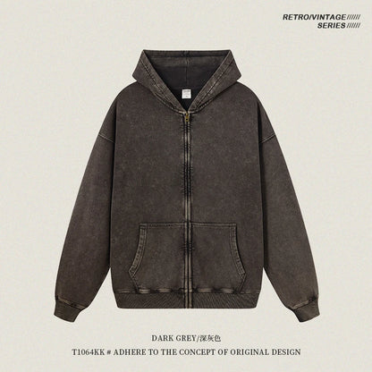 ZODF Retro Autumn Batik Washed 100% Cotton 420gsm Terry Oversized Distressed Zipper Hoodie Unisex HY0936 - Dark Grey