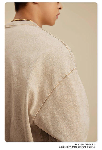 ZODF Retro 2025 Men Autumn Batik Washed T Shirt Unisex Oversized Basic Long Sleeve Solid 270gsm Cotton T-Shirts Tees HY0641