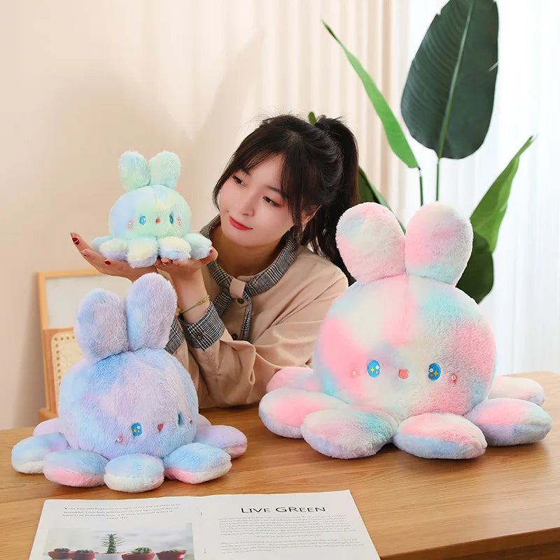 Kawaii Plush Flip Rainbow Cosplay Bunny Octopus Plush Toy Double Side Reversable Rabbit Plushie Peluche Doll  Cuddly Doll