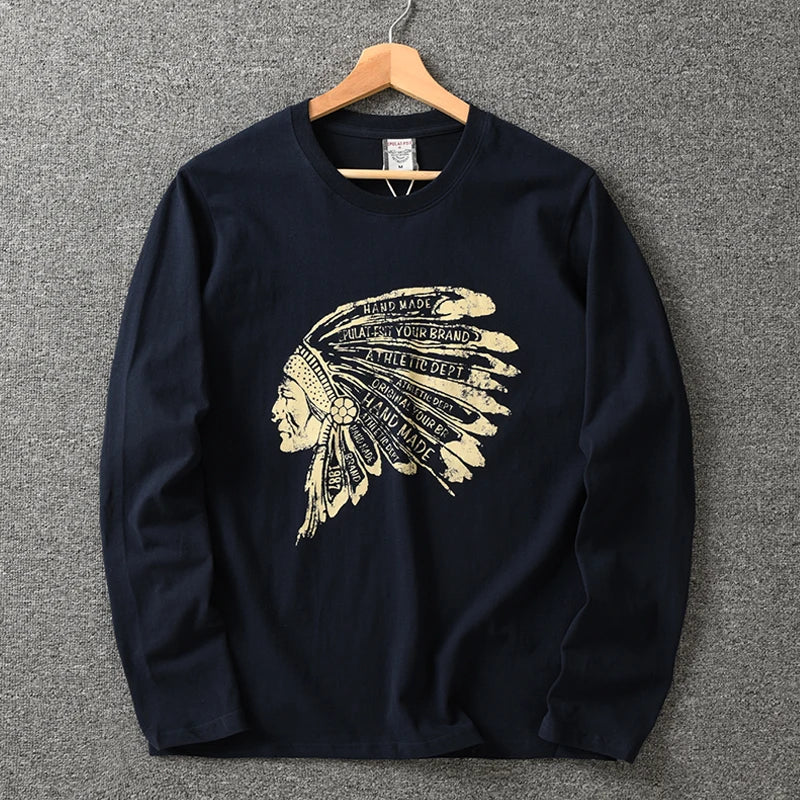 Autumn New American Retro Long Sleeve O-neck Indian Printed T-shirt Men's Fashion 100% Cotton Washed Casual Bottoming Tops