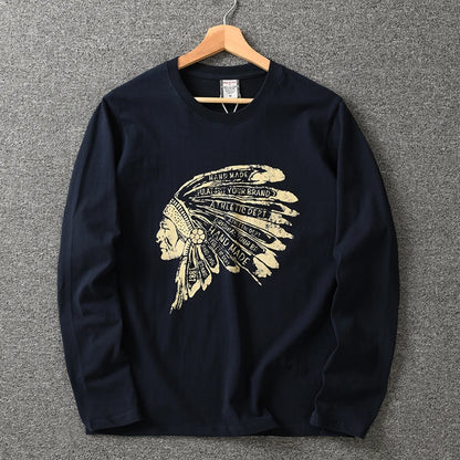 Autumn New American Retro Long Sleeve O-neck Indian Printed T-shirt Men's Fashion 100% Cotton Washed Casual Bottoming Tops