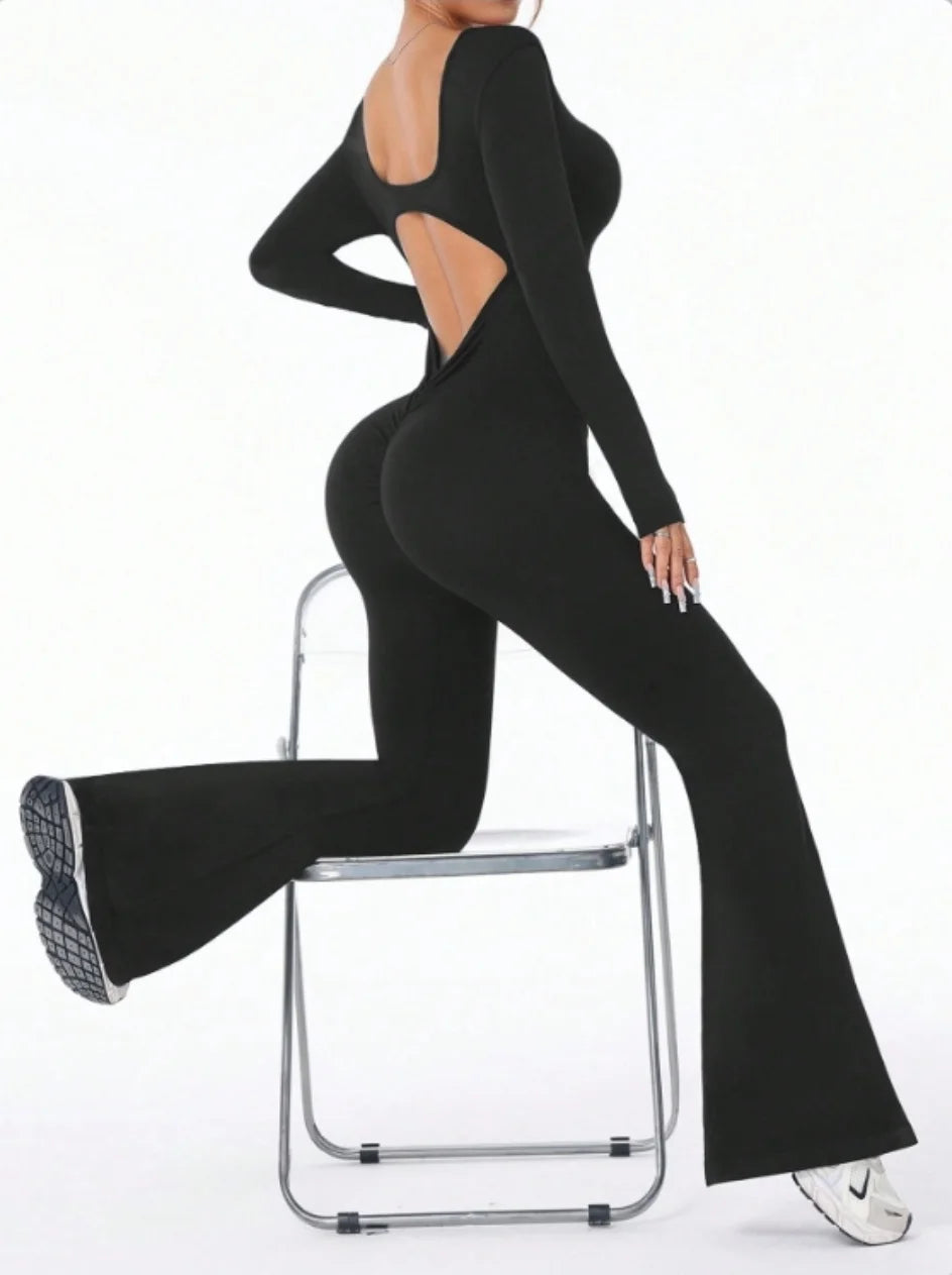 High Quality Solid Color Long Sleeve Compression Jumpsuit with Bell Bottom Pants Women’s Yoga Sportswear Push Up Set