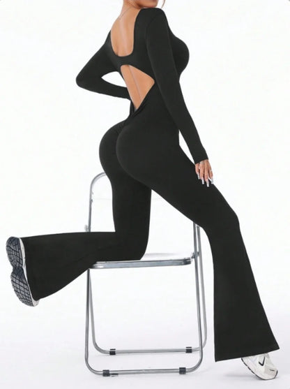 High Quality Solid Color Long Sleeve Compression Jumpsuit with Bell Bottom Pants Women’s Yoga Sportswear Push Up Set