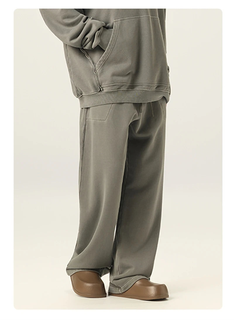 ZODF Retro High Street 420gsm Cotton Straight Pants For Man Unisex Loose Fit Distressed Sport Trousers Sweatpants HY0051