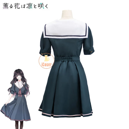 Kaoruko Waguri Cosplay Summer Skirt Dark Blue Dress Anime The Fragrant Flower Blooms with Dignity Halloween Cosplay Costume Girl