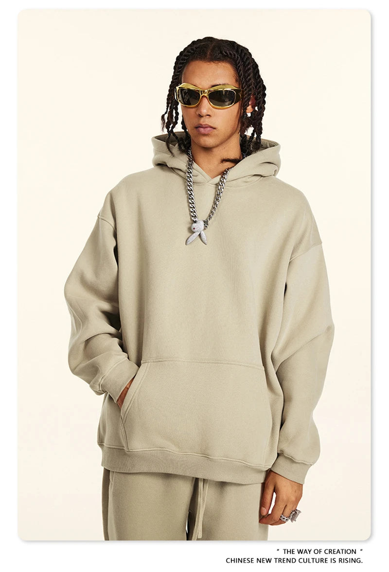 ZODF New 2024 Autumn Winter Men 345gsm Fleece Hoodies Unisex Women Relax Fit Warm Solid Hooded Pullovers Sweatshirts HY0863