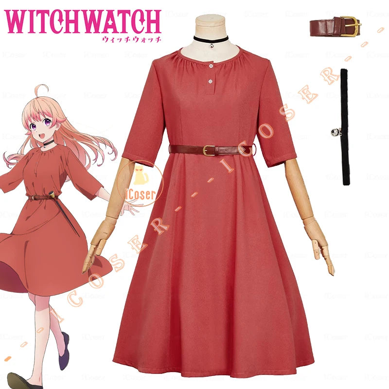 Anime Witch Watch Nico Wakatsuki Cosplay Costume Wig Red Dress Choker Outfit Halloween Party for Women Girls Carnival Props Cos