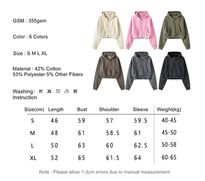 ZODF Retro 2025 Winter Women Short Zipper Hoodies Female Girls Loose 355gsm Thick Fleece Hooded Zip-up Coat Streetwears HY0448