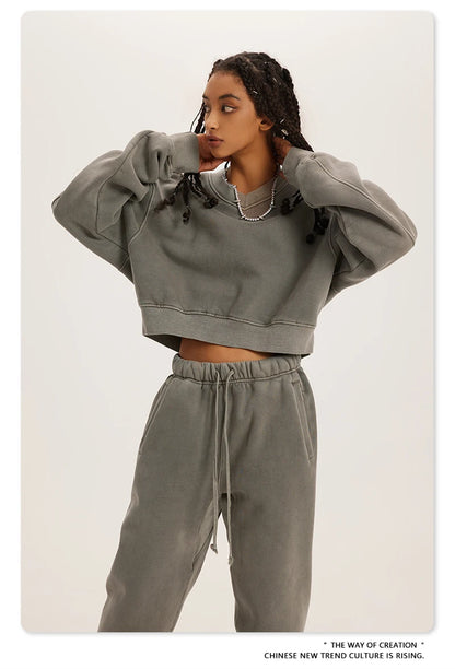 ZODF Winter Women Short Fleece Cropped Sweatshirts Girls Female Hip Hop Loose 400gsm V-Neck Pullovers Brand Tops HY0437