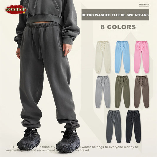 ZODF 2025 Autumn Winter Men's Washed Sweatpants Retro Unisex Loose 355gsm Warm Fleece Solid Joggers Pants Streetwears HY0653