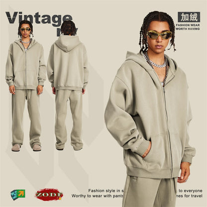 ZODF Fashion Winter Men Warm Zipper Fleece Hoodies Unisex Loose Basic 345gsm Knitted Hooded Hoodie Coats HY0904