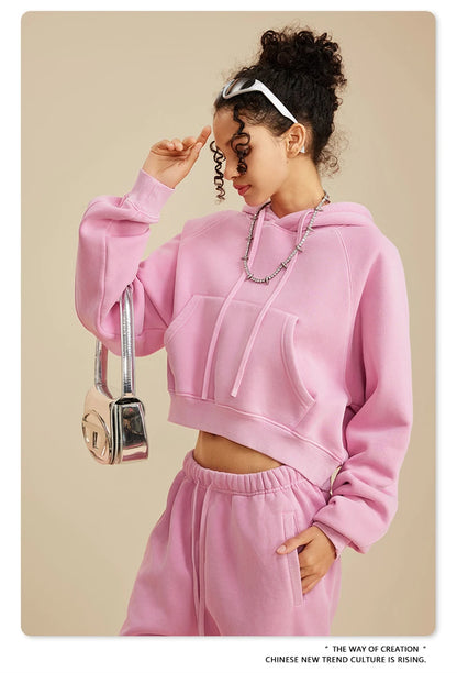 ZODF Women Hotsweet 2025 Winter Washed Fleece Crop Hoodies Girls Oversized Raglan Sleeve 400gsm Hooded Pullovers HY0648