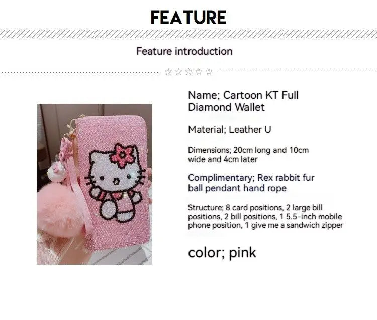 New Sanrio Cute Full Diamond Hello Kitty Wallet Sticker Full Diamond Lady Girl Heart Long Zipper Wallet Mobile Bag