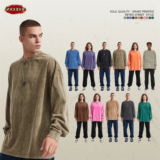 ZODF Retro Men Long Sleeve Washed Cotton T Shirt Unisex Loose 250gsm Basic Atumn TEES Tops Brand Streetwears HY0394