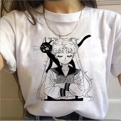 T Shirt 90s Anime Sailor Moon Retro Graphic Summer Cotton Men Women Tee Streetwear Casual Trend Short Sleeve Couple Hip Hop Top