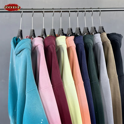 ZODF Trendy Men Washed 360gsm Fleece Hoodies Unisex Oversized Warm Paint Distressed Hooded Pullovers Winter Coat HY0947