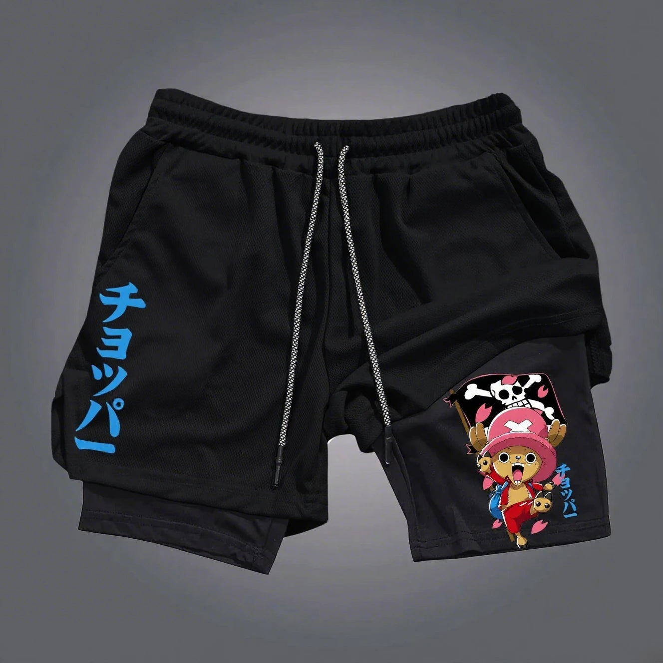 One Piece Chopper Anime Gym Shorts Men New Summer Japanese Cartoon Print Beach Pants Streetwear Double-layer 2-in-1 Sports Pants