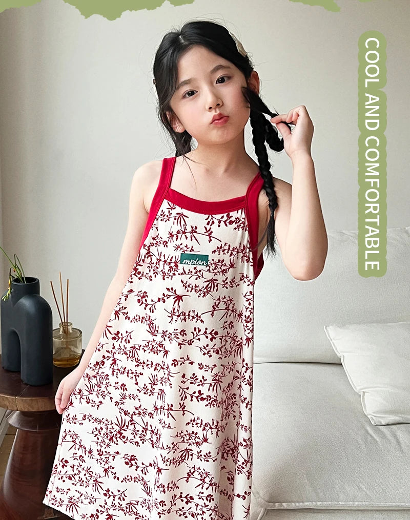 Kids Girls Nightgown Cartoon Nightdress Girl Sleepwear Nightie Summer Sleeveless Floral Print Cats Nightwear Children Clothes