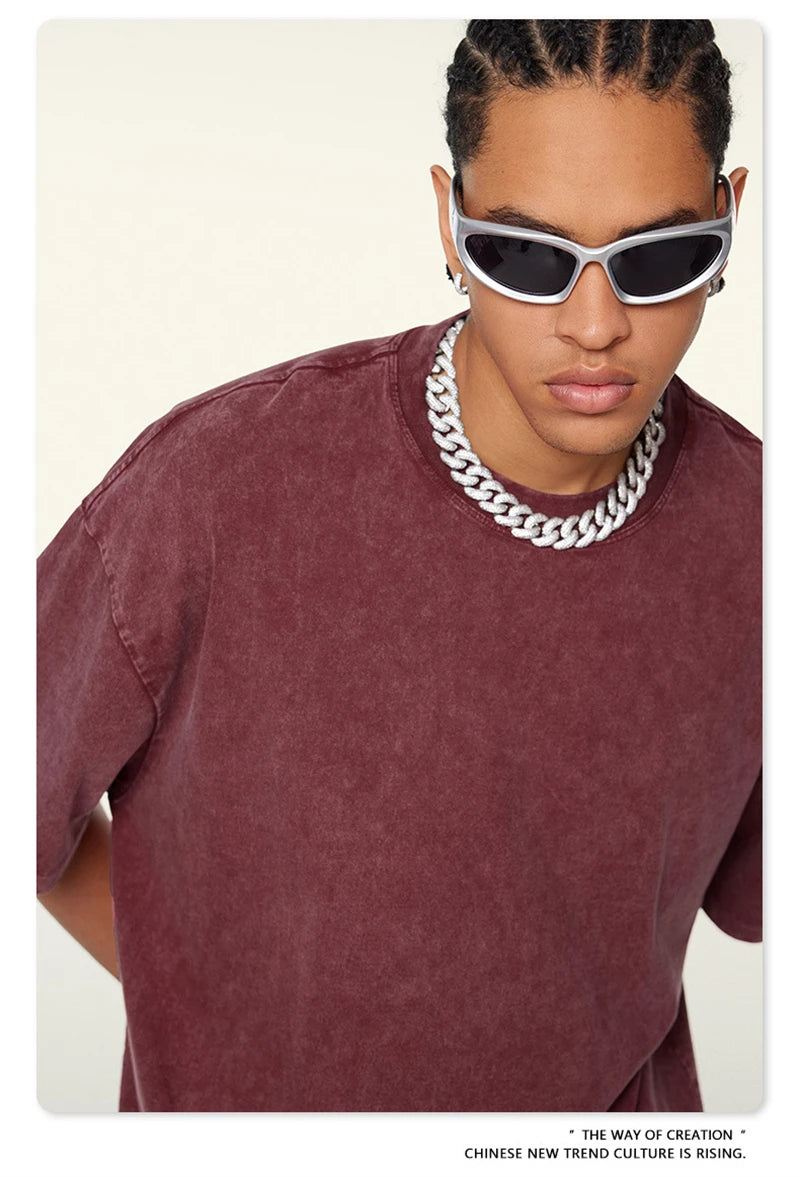 ZODF New Summer Men Washed Batik Cotton T Shirts Unisex American Retro High Street 270gsm Short Sleeve Tees Streetwear HY0489