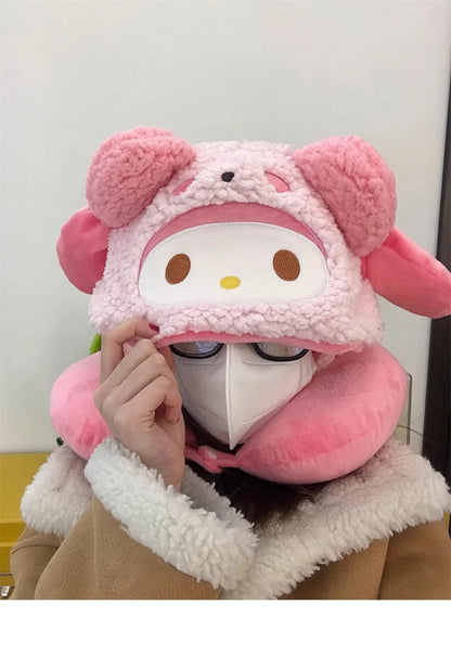 Stuffe Anime Hooded U-shaped Neck Pillow Hello Kitty Kuromi My Melody Travel Blackout Neck Pillow Office Nap Pillow Girl