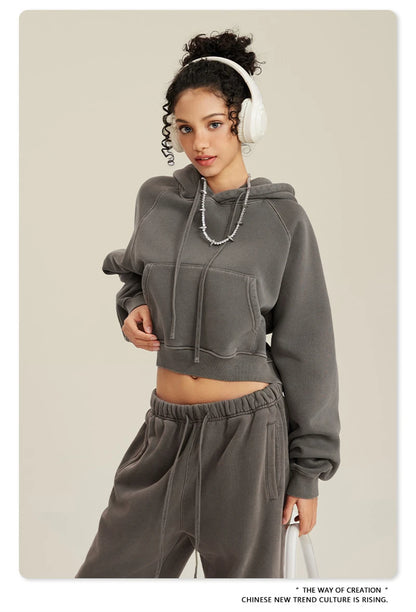 ZODF Women Hotsweet 2025 Winter Washed Fleece Crop Hoodies Girls Oversized Raglan Sleeve 400gsm Hooded Pullovers HY0648